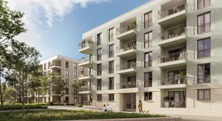 Wohnzimmer mit großen Fenstern in einer Neubauwohnung im Wohnquartier Joseph in Bayreuth